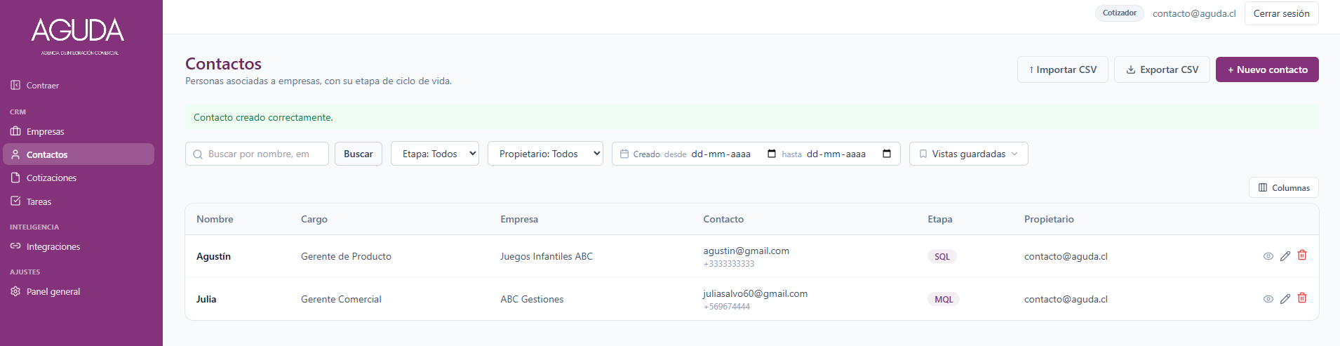 Listado de contactos en Aguda CRM con cargo, empresa, datos de contacto, etapa de ciclo de vida y propietario