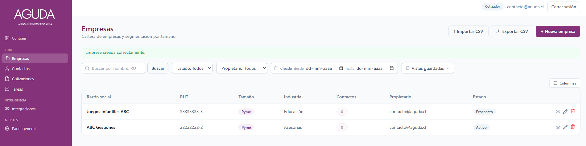 Vista general de Aguda CRM con el menú lateral y el listado de empresas