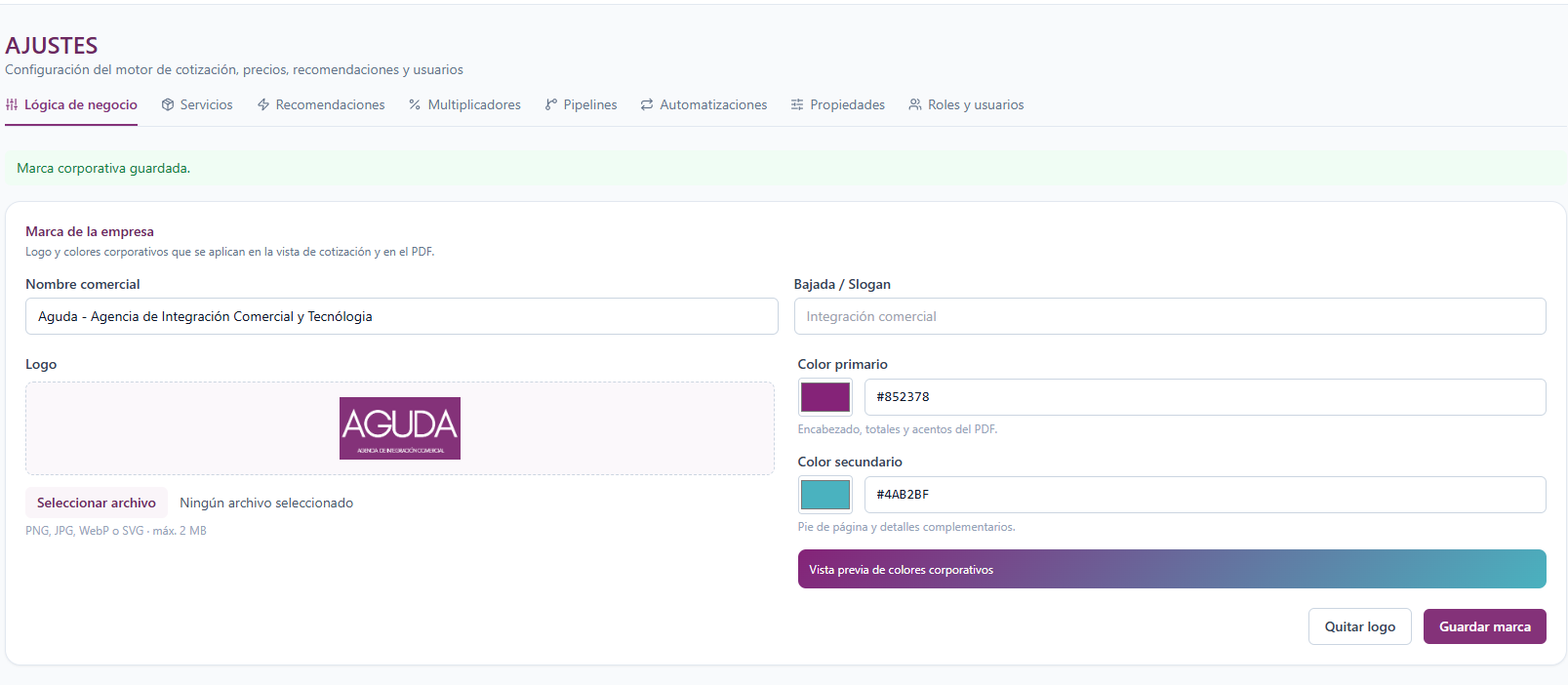 Configuración de marca corporativa en Aguda CRM: logo, nombre comercial y colores del PDF