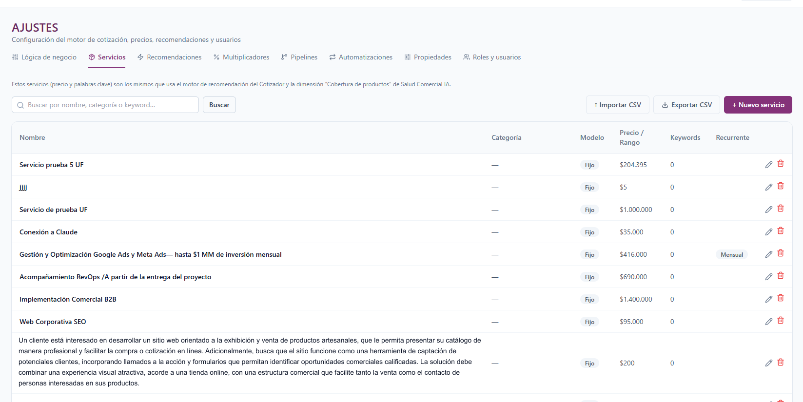 Catálogo de servicios en Aguda CRM, con precio, modelo, keywords e importación/exportación CSV